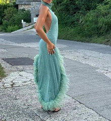 Backless Feather Hem Long Dress