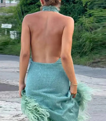 Backless Feather Hem Long Dress