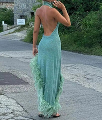 Backless Feather Hem Long Dress