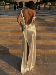Backless High Split Satin Maxi Dress