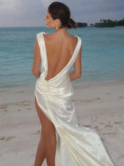 Backless High Split Satin Maxi Dress