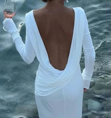 Backless White Long Sleeved Slim Fit Dress