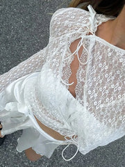 Pydshop New Long Sleeve Lace Hollow Cardigan Top Sexy Through Slim Fit Hot Girl Bandage Solid Color Female Club Party Y2K T ShirtChristmas Gifts