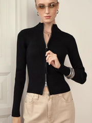 Pydshop Zipper Slim Knitted Cardigan Female Stand Collar Long Sleeve Top High Waist 2025 New Rib Sweater Bottoming Ladies SolidChristmas Gifts