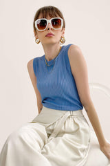 Pydshop Cornflower Blue Round Neck Rib-Knit Tank Top