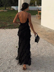 Black Ruffle Hem Maxi Dresses