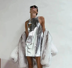 Bodycon Sliver Pu Leather O-Neck Sleeveless Mini Dresses