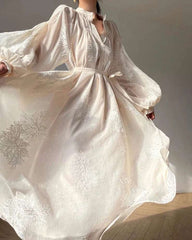 Boho Embroidery Lantern Sleeve Vintage Dress