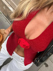 Pydshop Woolen Halter Neck Sleeveless T-shirts For Women Clothing Flower Solid Slim Crop Top Femme Casual Vacation Sexy VestChristmas Gifts