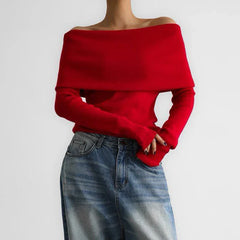 Pydshop Women's Sweater Pullovers Long Sleeve Knitted One-Shoulder Sexy Slim Top Solid Color Autumn Winter Fashion CasualChristmas Gifts
