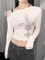 Pydshop 2024 Fashion Woman tops y2k style Gothic Asymmetrical Printed Lace Up Halter Top