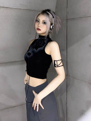 Pydshop Gothic Rose Print Tank Top Aesthetic Y2K Crop Top Sleeveless Vest Harajuku Streetwear Black Summer Tops Women Slim Clothes