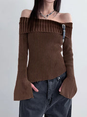 Pydshop 2024 Fashion Woman tops y2k style Vintage Brown Stripe Buckle Off Shoulder Sweater