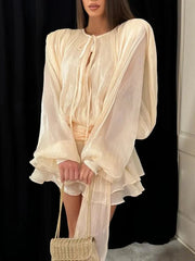 Chic Ruffle Bow Pleated Mini Dress