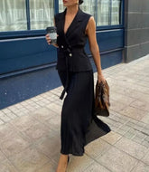 Classy Pleated Black Belted Office Work Dresses
