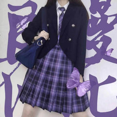 Skirt / Bow JK Purple-Blue plaid uniform skirt