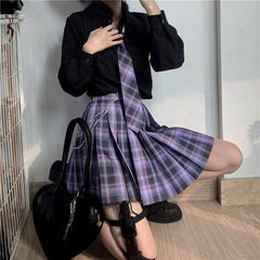 Skirt / Bow JK Purple-Blue plaid uniform skirt