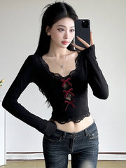 Bianca hollow-out red bows lace top