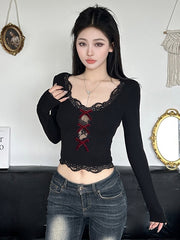 Bianca hollow-out red bows lace top