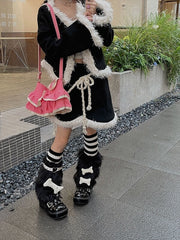 Black furry bones y2k garter leg warmers