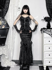 Goth floral jacquard fishtail skirt