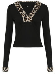 Leopard fur collar slim-fit vintage top