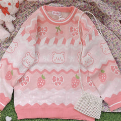Pink strawberry bow bear sweater