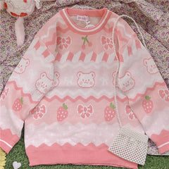 Pink strawberry bow bear sweater