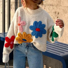 Pydshop Crochet Flower Pullover Knitted Sweater Women's Fashion Loose Lantern Long Sleeve Embroidery Knit Top Streetwear Fashion