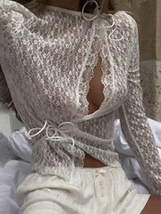 Pydshop New Long Sleeve Lace Hollow Cardigan Top Sexy Through Slim Fit Hot Girl Bandage Solid Color Female Club Party Y2K T ShirtChristmas Gifts