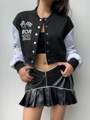Pydshop 2024 Fashion Woman tops y2k style Black White Print Baseball Buttons Jacket