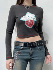 Pydshop 2024 Fashion Woman tops y2k style Vintage Cat Printed Long Sleeve Top