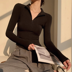 Pydshop 2024 New Sporty Tops Black Short Jogger T-shirt Women Clothes Slim fit Long Sleeves Zipper Crop Top Skinny Autumn Stretch tshirt