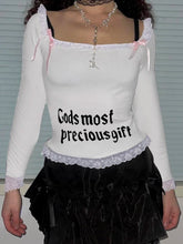 Pydshop 2024 Fashion Woman tops y2k style Sweet Lace Patchwork Letter Print Bow Top