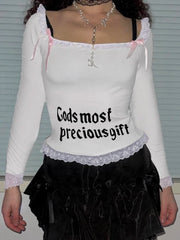 Pydshop 2024 Fashion Woman tops y2k style Sweet Lace Patchwork Letter Print Bow Top