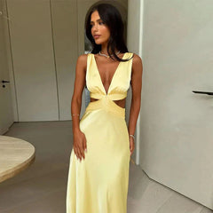 Deep V-Neck Hollow Out Maxi Dress