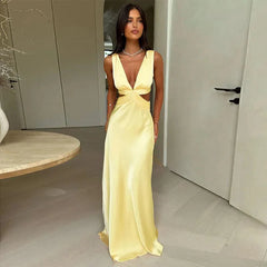 Deep V-Neck Hollow Out Maxi Dress