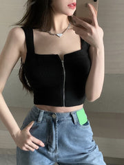 Pydshop 2024 Y2K Top Women Zipper Fly Camisoles Knitted Sexy Summer Tank Tops Sleeveless Female Solid Crop Top