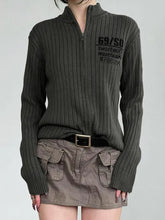 Pydshop 2024 Fashion Woman tops y2k style Vintage Brown Letter Zip Up Knitted Sweater