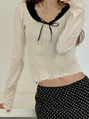 Pydshop 2024 Fashion Woman tops y2k style White Patched Slim Bow Long Sleeves Top