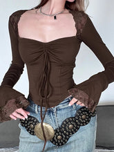 Pydshop 2024 Fashion Woman tops y2k style Vintage Brown Lace Spliced Drawstring Corset Top
