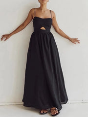 Elegant Black Cotton Ankle-Length Dress