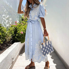 Elegant Embroidered Belted Lace-Up Dresses