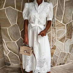Elegant Embroidered Belted Lace-Up Dresses