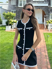 Elegant Mini Knit High Waist Pocket Contrast Cardigan Dress Knitwear