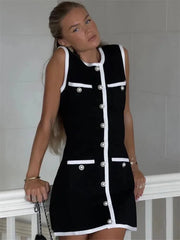 Elegant Mini Knit High Waist Pocket Contrast Cardigan Dress Knitwear