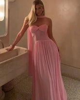 Elegant Pleated Backless A-line with Scarf Dress