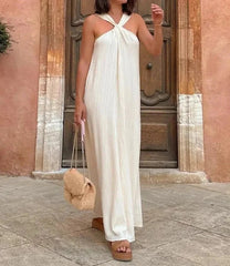Elegant Pleated Loose Halter Long Dress