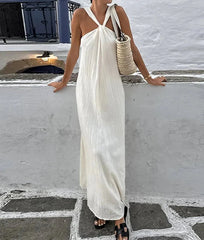 Elegant Pleated Loose Halter Long Dress