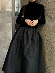 Elegant Velvet Pleated Black Dress